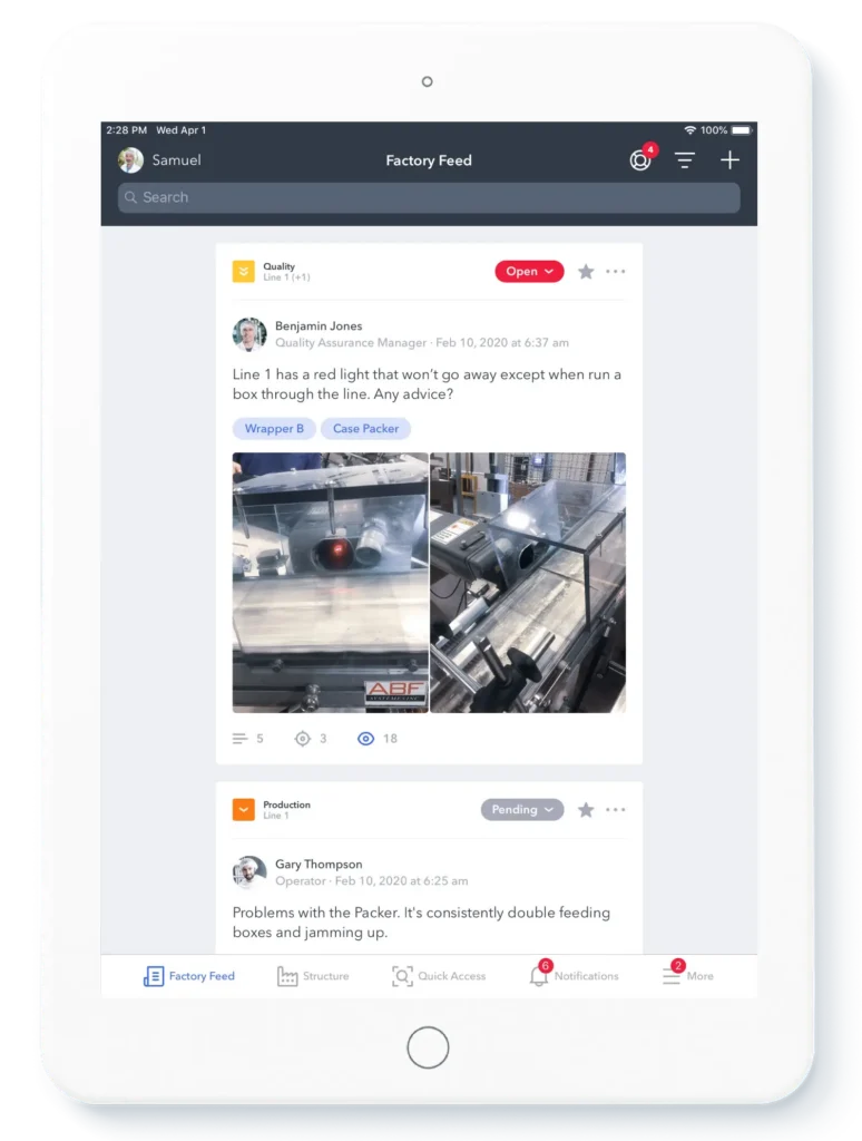 Screenshot of Poka Factory Feed on an iPad.