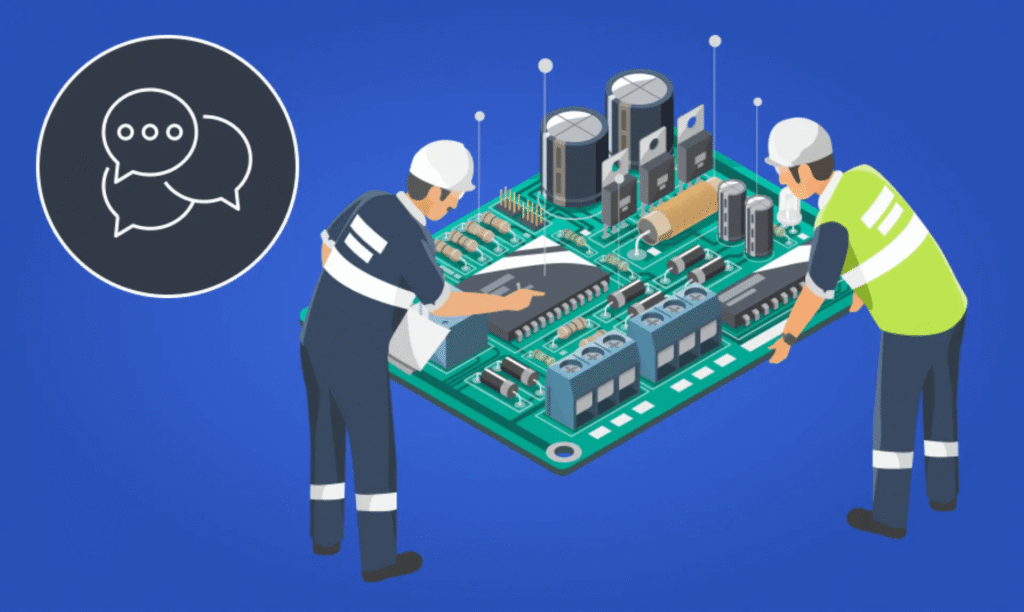 Two men engaged in circuit board work