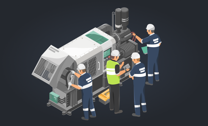 A team of workers focused on adjusting and repairing a machine in a manufacturing facility.