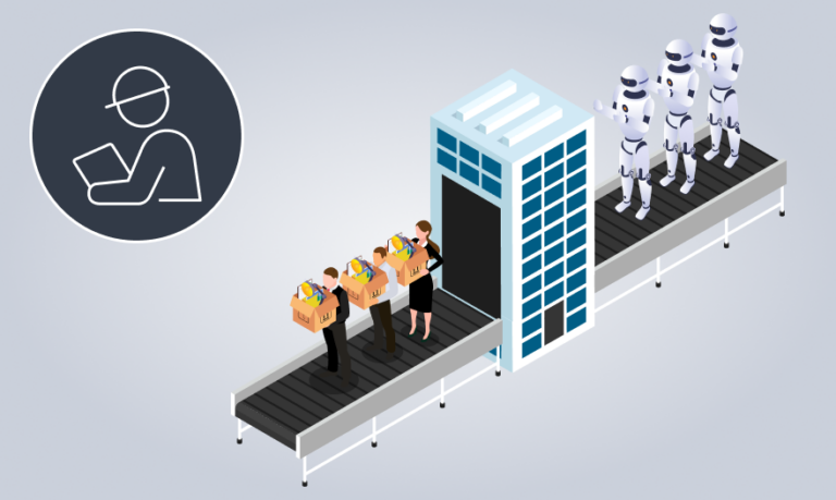 A robot stands beside a conveyor belt, while several people in suits observe the operation.
