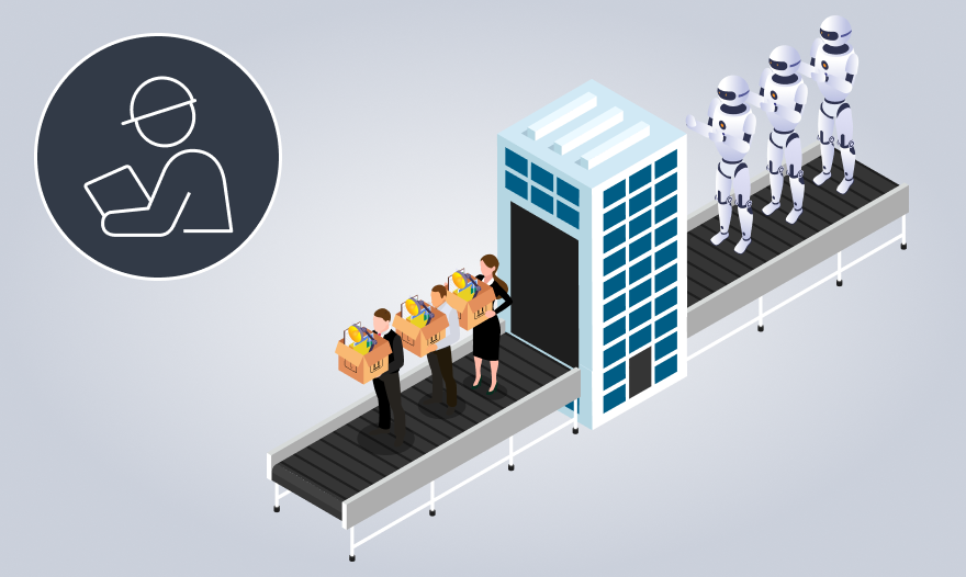 A robot stands beside a conveyor belt, while several people in suits observe the operation.