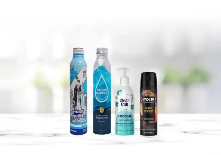 Three types of products displayed on a marble counter, including a spray bottle, a liquid cleaner, and wipes.