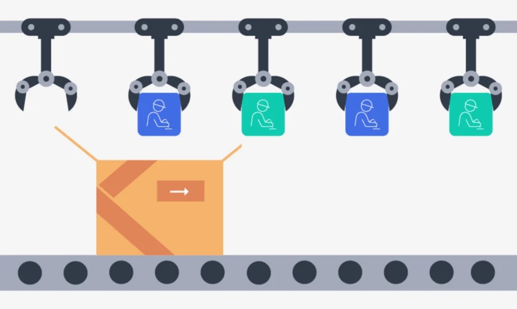 Illustration of a box on a conveyor belt moving from one department to another.