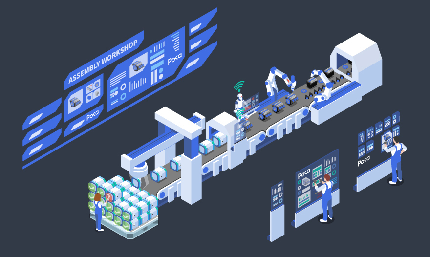 Isometric illustration of a factory line with workers engaged in various tasks along the production process.