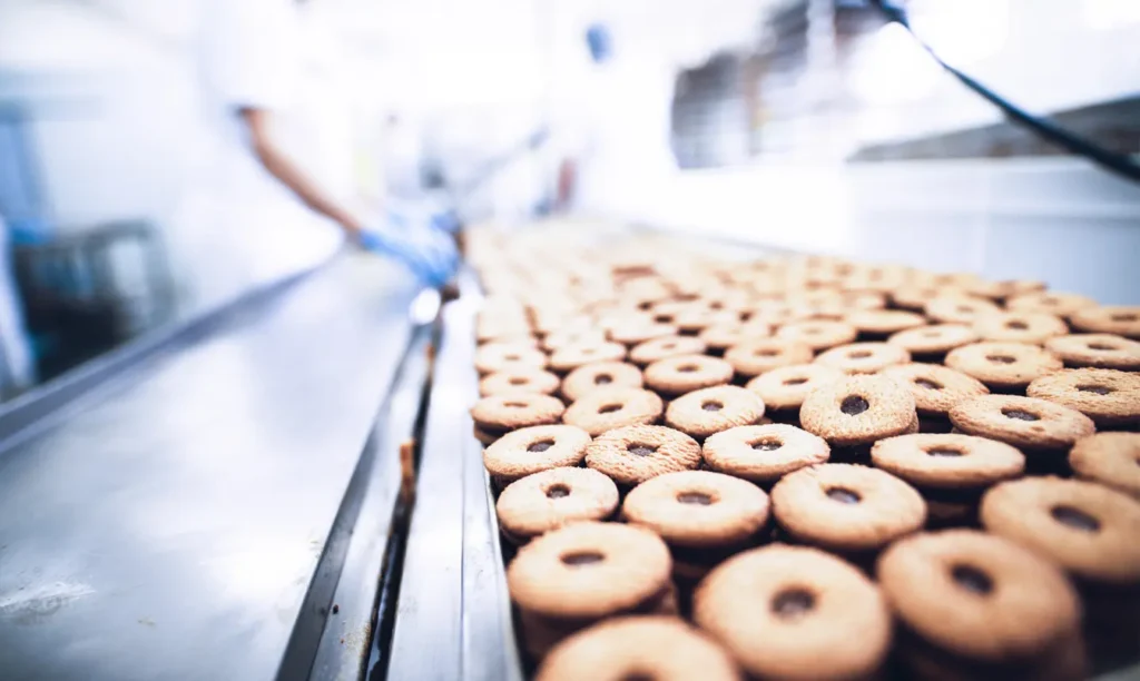 A conveyor belt loaded with freshly baked cookies, showcasing a variety of shapes and sizes.