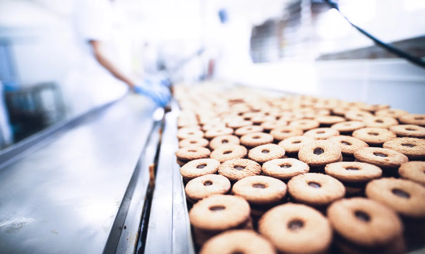 880×526-CH-Guenther A conveyor belt loaded with freshly baked cookies, showcasing a variety of shapes and sizes.