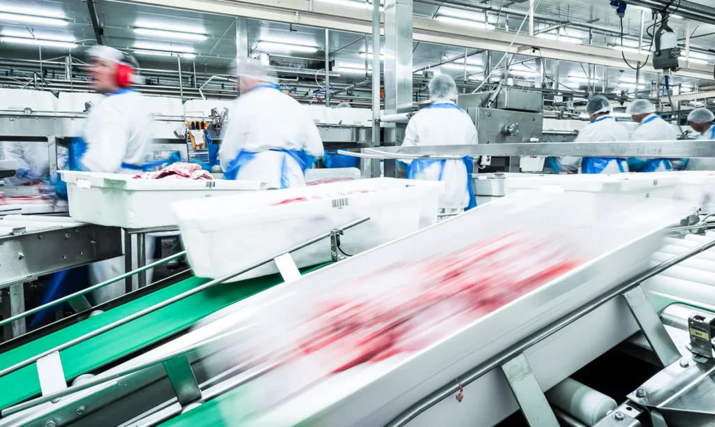 A factory scene featuring workers in white coats and blue uniforms engaged in various tasks.