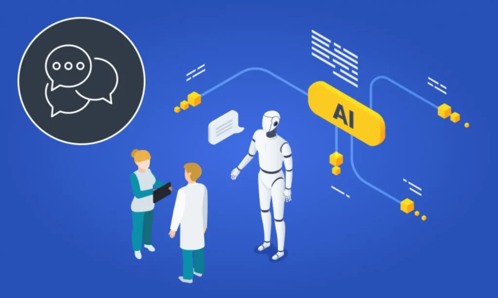 AI chatbot development showcasing technology and innovation in a modern workspace with developers collaborating.