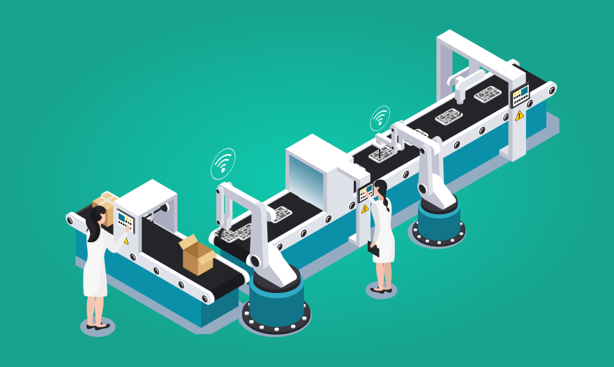 Illustration of a robot assisting people as they collaboratively work on a complex machine in a modern workshop setting.