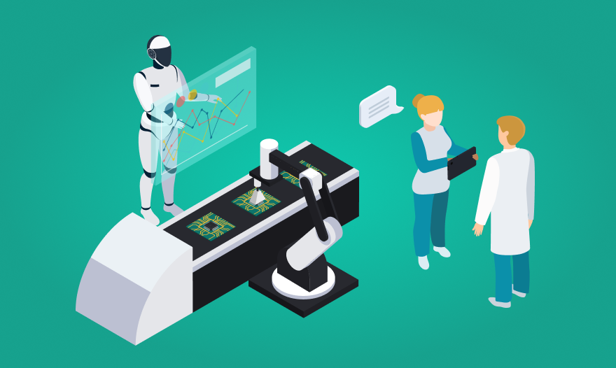 A robot stands beside a man and woman, showcasing a blend of technology and human interaction.