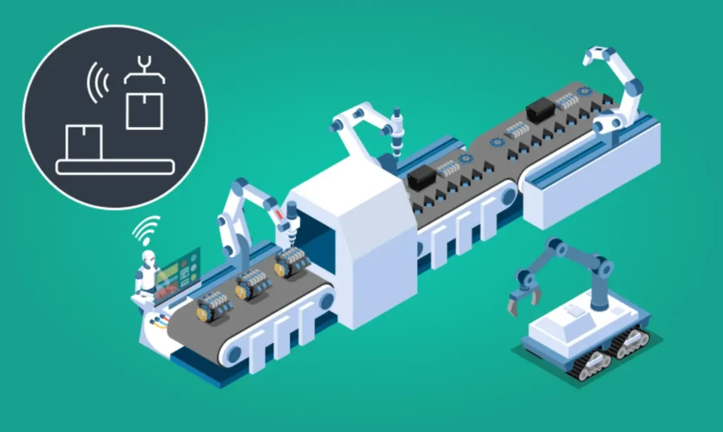 A futuristic manufacturing facility featuring advanced robots working collaboratively on assembly lines.