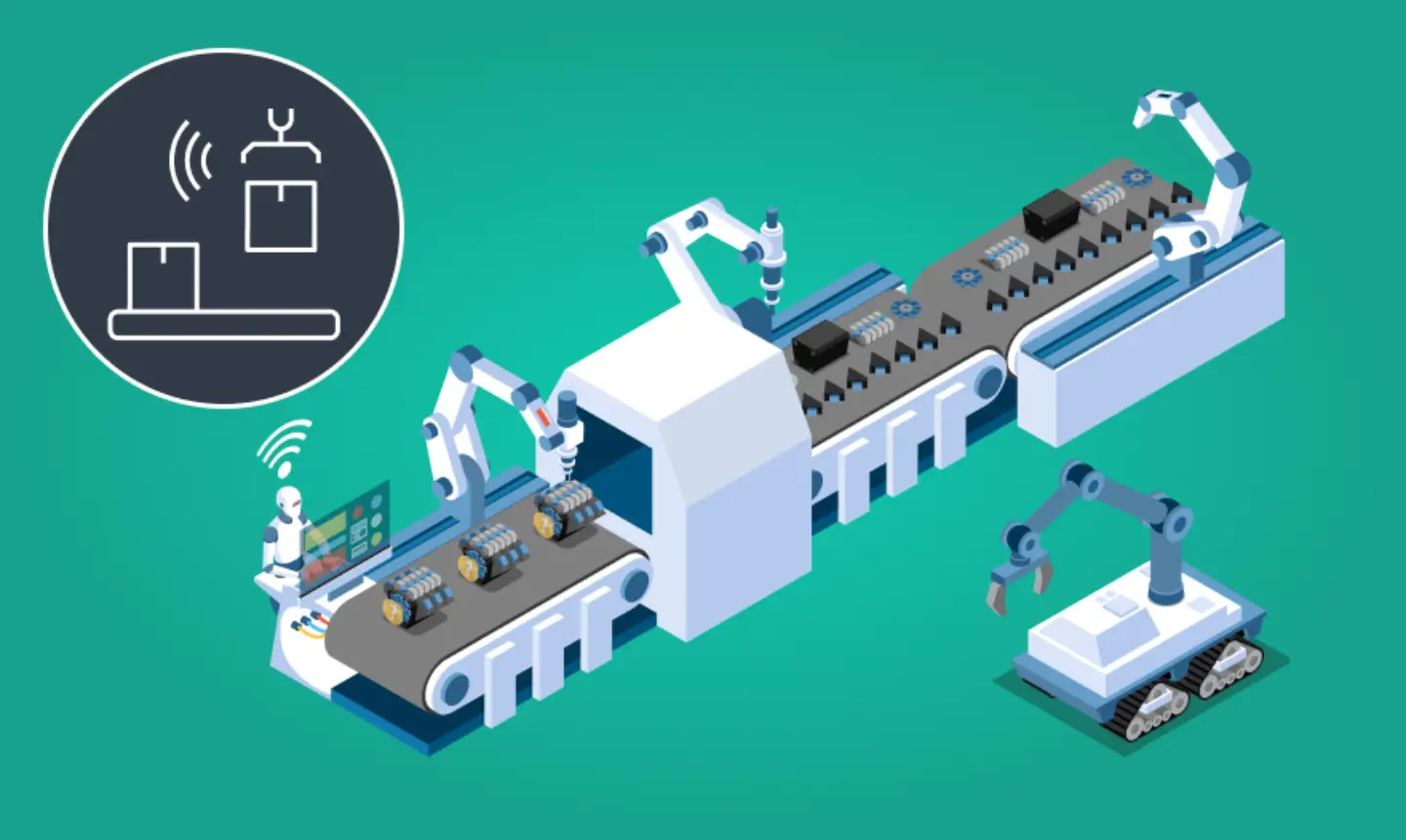 A futuristic manufacturing facility featuring advanced robots working collaboratively on assembly lines.