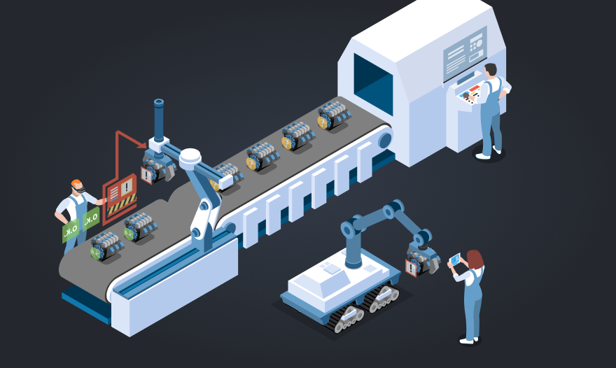 An illustration of a robot assisting people as they collaboratively work on a complex machine in a workshop setting.
