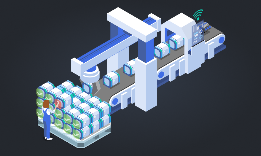 Isometric illustration of a factory with a woman operating a machine, showcasing an industrial work environment.