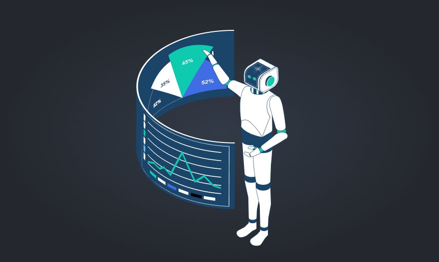 A robot stands holding a colorful chart, illustrating data trends in a futuristic setting.