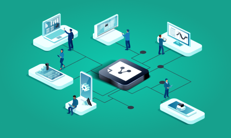Isometric illustration of diverse individuals collaborating while working on computers in a modern office setting.
