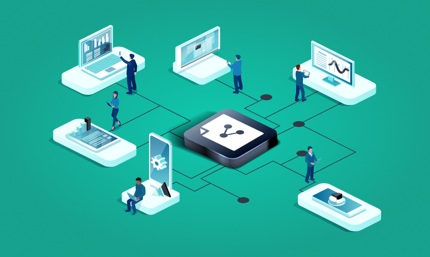 Isometric illustration of diverse individuals collaborating while working on computers in a modern office setting.