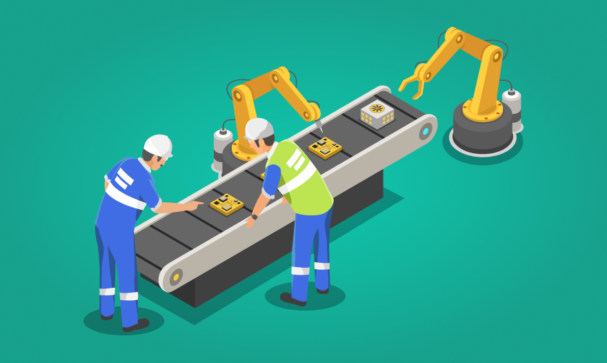 Two men operate a conveyor belt while a robot assists in the manufacturing process.