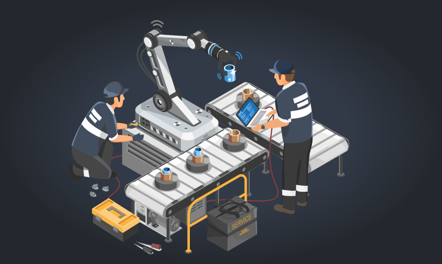 Two men collaborate on assembling a robot in a busy industrial environment filled with machinery and tools.