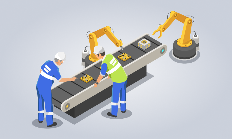 Two men operate a machine with a robot assisting them in their work environment.