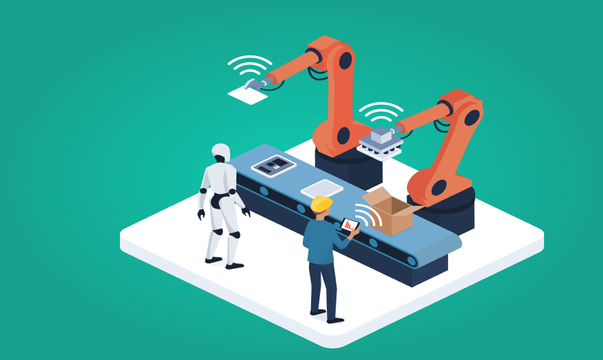 A robot operates a machine while a person stands beside it, observing the process.