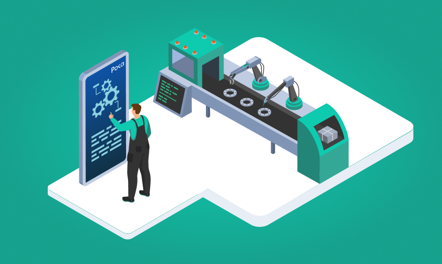 A man is positioned before a machine that is actively producing products, focusing on the manufacturing process.