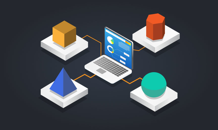 An artistic representation of a laptop alongside various shapes, emphasizing technology and design.