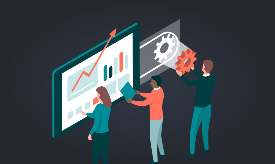 Isometric illustration of diverse business professionals collaborating on a project at a modern workspace.