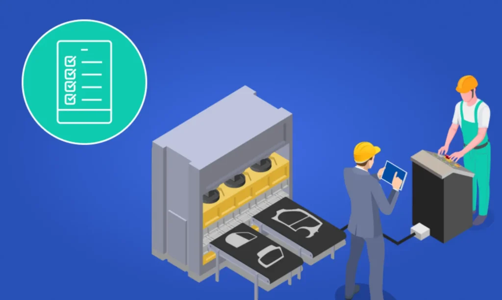 Two individuals operate a machine against a blue background, focused on their task.