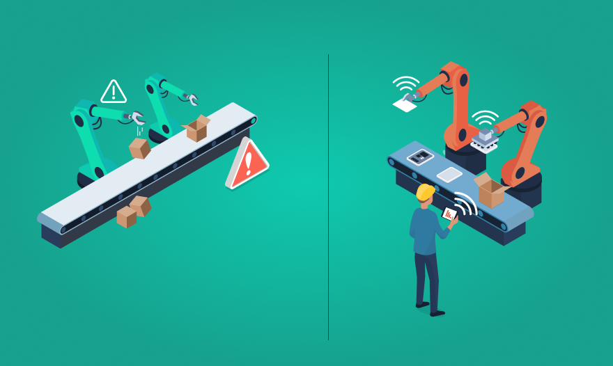Two images depict worker collaborating on a conveyor belt, highlighting teamwork in a manufacturing environment.