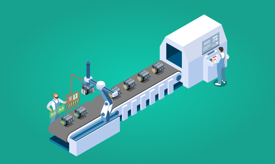 Isometric illustration of a machine constructing another machine, showcasing intricate mechanical components and processes.