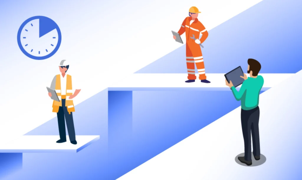 A group of construction workers standing on a surface, wearing safety gear and discussing their project.