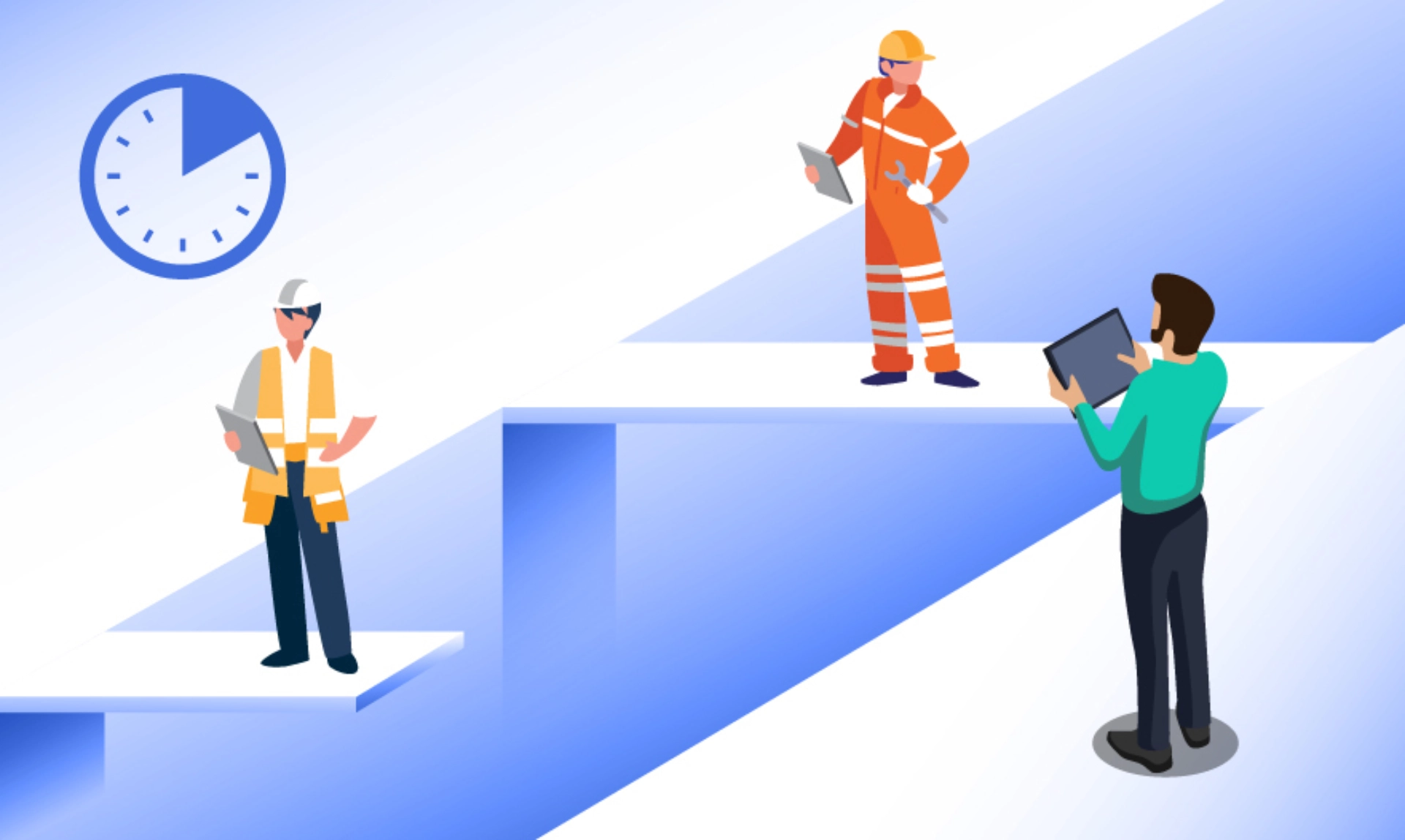 A group of construction workers standing on a surface, wearing safety gear and discussing their project.