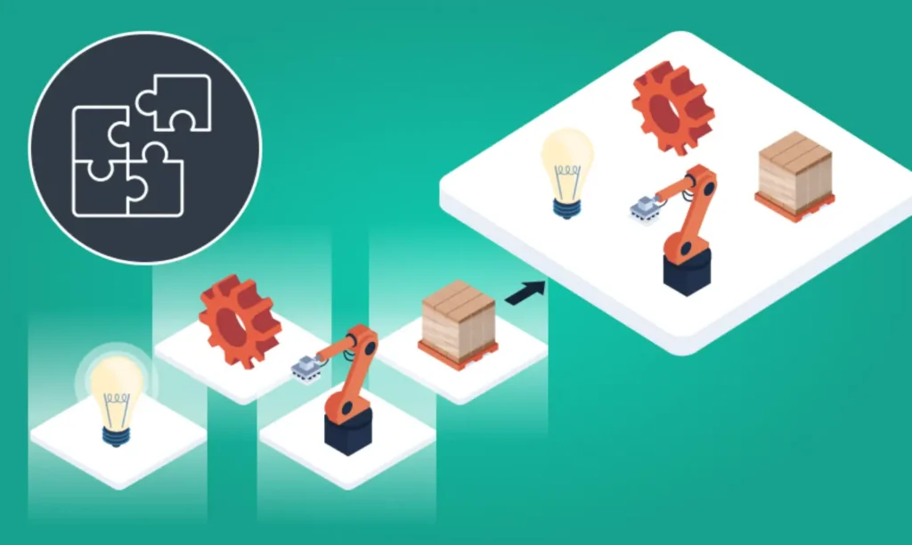 A robot stands next to another robot holding a light bulb, symbolizing innovation and creativity in technology.