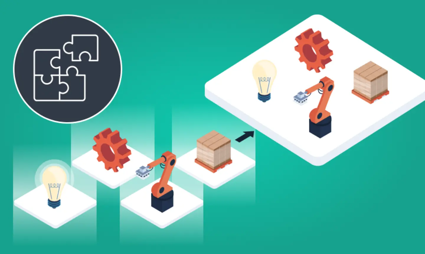 A robot stands next to another robot holding a light bulb, symbolizing innovation and creativity in technology.