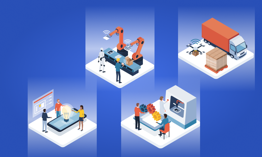 A group of four people engaged with different machines, showcasing teamwork and diverse skills in a workplace setting.