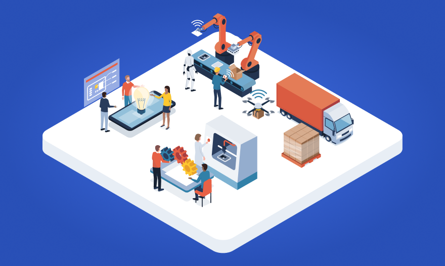A group of four people engaged with different machines, showcasing teamwork and diverse skills in a workplace setting.