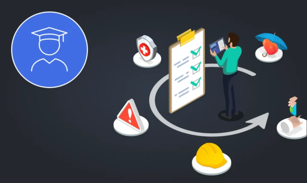 A person stands before a checklist surrounded by various icons, indicating tasks or items to be completed.