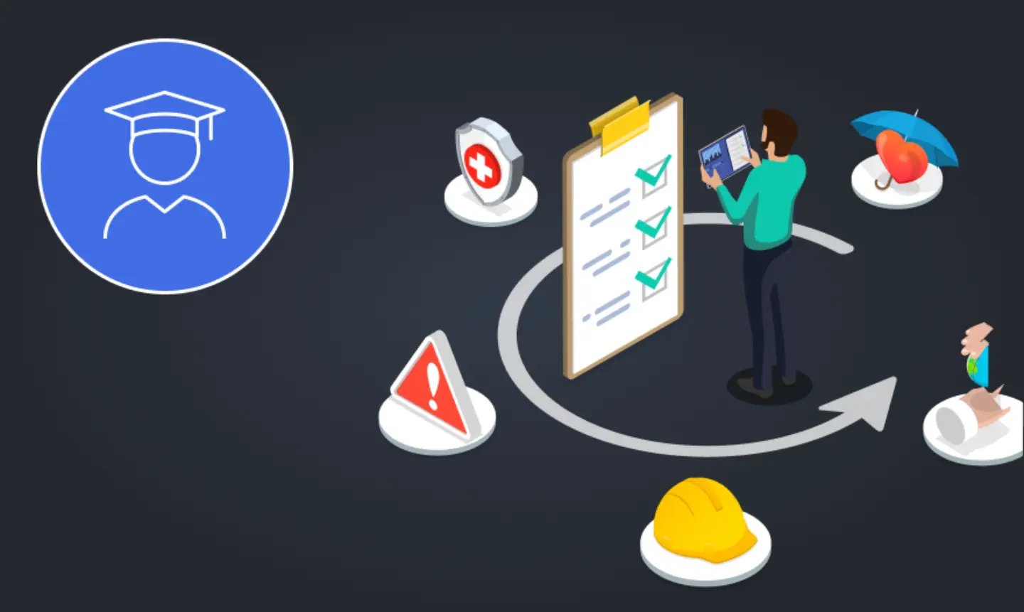 A person stands before a checklist surrounded by various icons, indicating tasks or items to be completed.