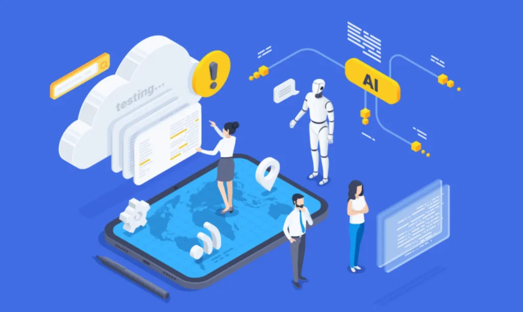 Infographic illustrating steps to build a mobile app using AI technology and tools for developers.