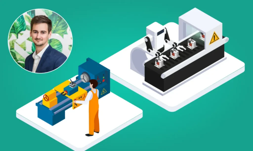 illustration of a modern manufacturing factory floor.