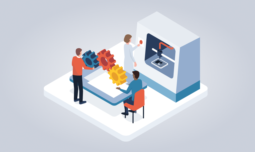 Isometric illustration depicting diverse individuals collaborating on a complex machine in a modern workspace.