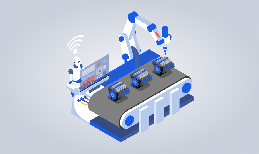 An artistic representation of a robot and a machine, highlighting their interaction in a modern technological landscape.