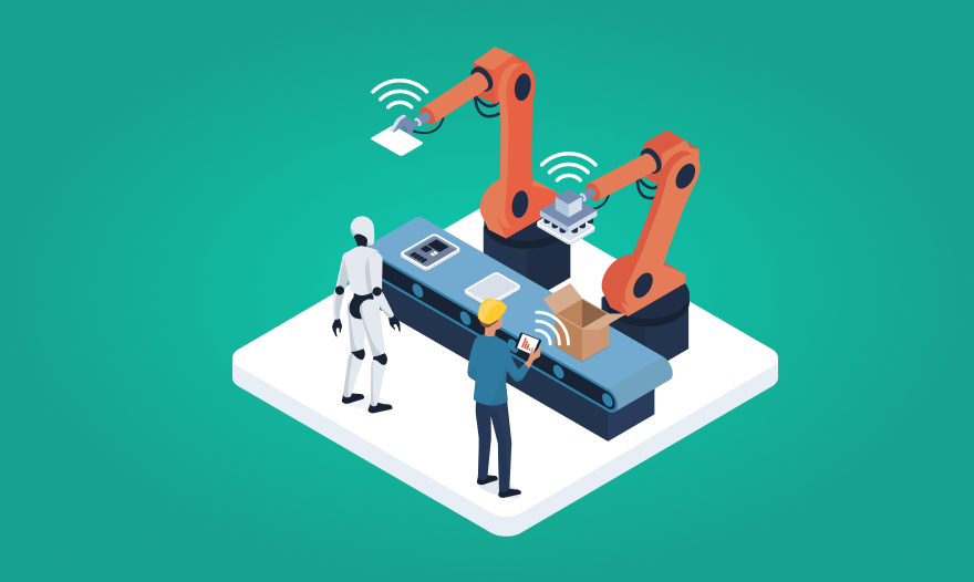 A robot operates a machine while a person stands beside it, observing the process.