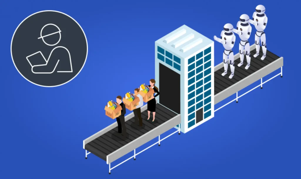 A robot stands beside a conveyor belt, while several people in suits observe the operation.
