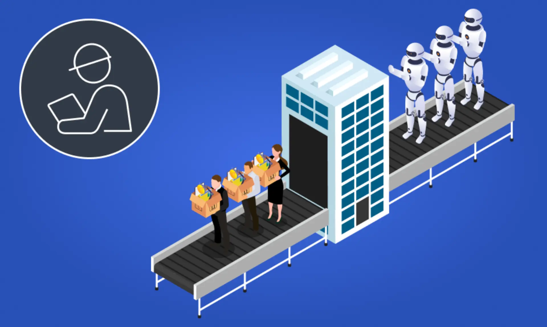 A robot stands beside a conveyor belt, while several people in suits observe the operation.