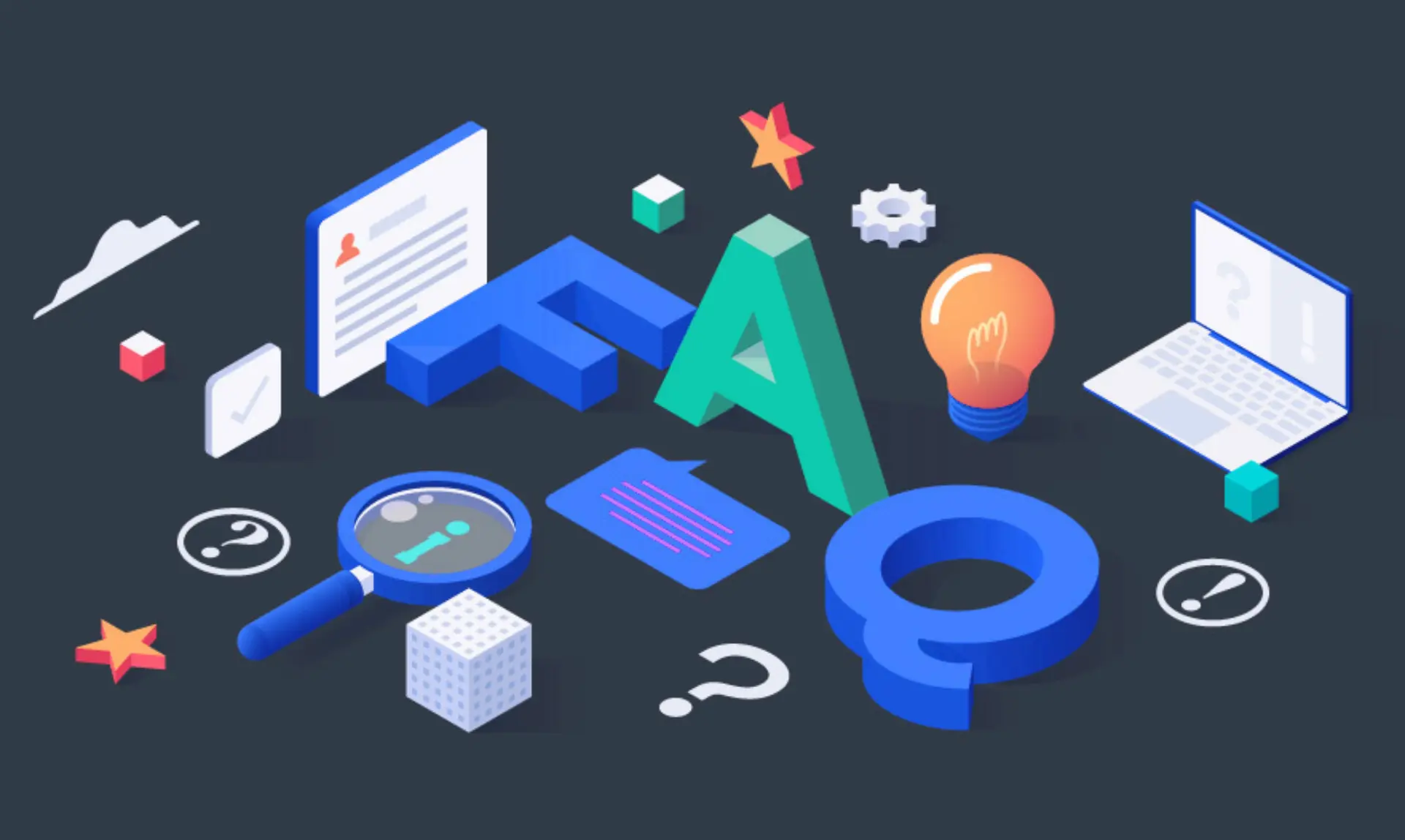 Isometric design of a FAQ section for a website, featuring question and answer icons in a modern layout.