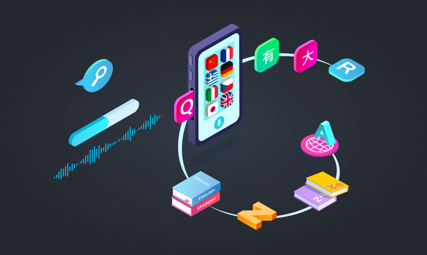 Isometric illustration depicting the process of mobile app development with various design and language elements.