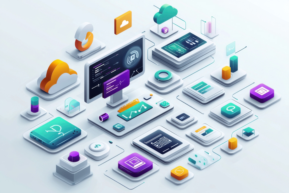 Isometric graphic showcasing data science and analytics, featuring various data visualizations and analytical tools.