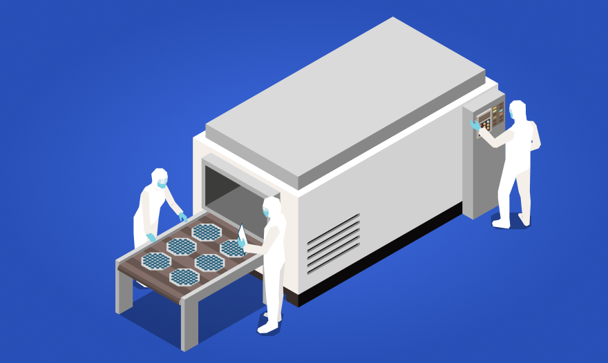 Isometric artwork showing people engaged in various tasks within a well-equipped factory.